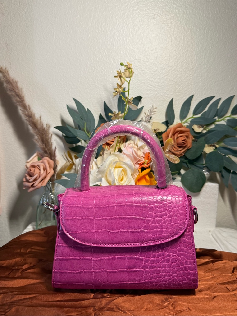 Fuchsia Croc-Embossed Mini Top-Handle Bag